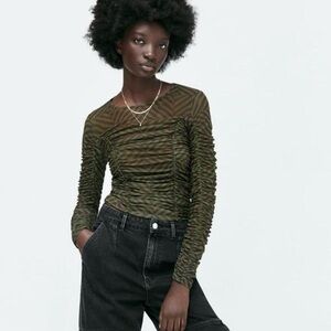 ZARA Sheer Rouched Long Sleeve Top